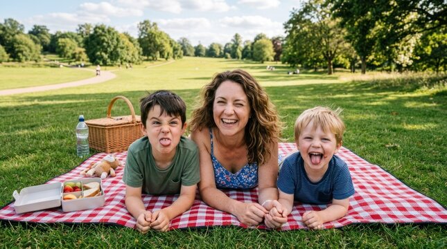 A woman and two children lying on a checkered blanket in a park, with a picnic basket and food items nearby.