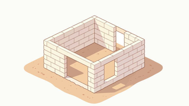 Isometric illustration of a beige brick house foundation structure under construction on sandy ground