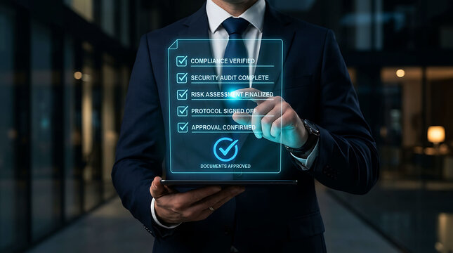 Businessman verifying compliance audit and security approval checklist on tablet