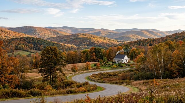 A serene autumnal landscape with a white house nestled among rolling hills and colorful trees, under a clear blue sky with scattered clouds.
