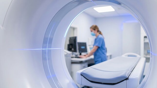 Medical scanner with doctor operating control panel in modern hospital room, for diagnostic imaging and healthcare technology.