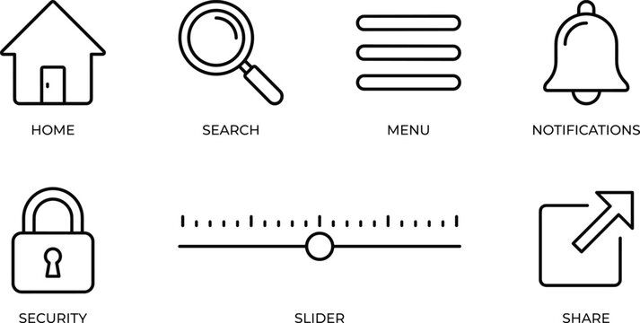Essential website user interface icon set with home search hamburger menu notifications bell security padlock slider and share
