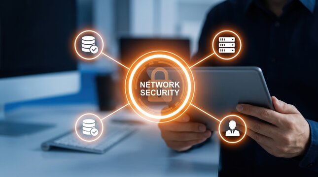 Network security featuring glowing padlock icon and connected servers, cybersecurity protection, data privacy shield, IT infrastructure safety, hacker defense system
