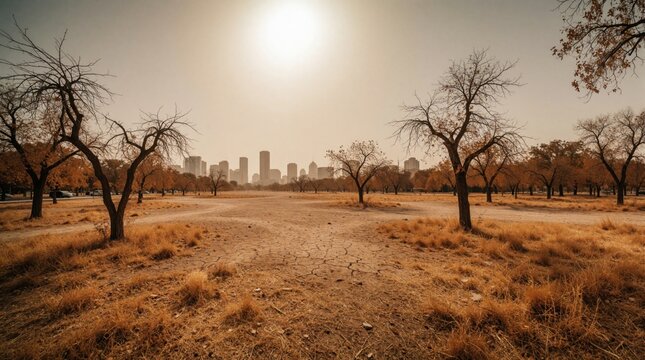 Urban park exhibits extreme drought conditions with cracked earth and withered trees under a hazy sun. City skyline visible in background on dry hot day.