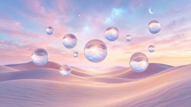 A serene landscape with a pink and purple sky, a sandy dune, and a cluster of glass orbs floating in the air.