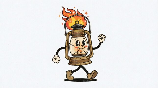 Retro Cartoon Mascot Illustration Walking Lantern Character Flickering Flame Hairstyle Stick Limbs

