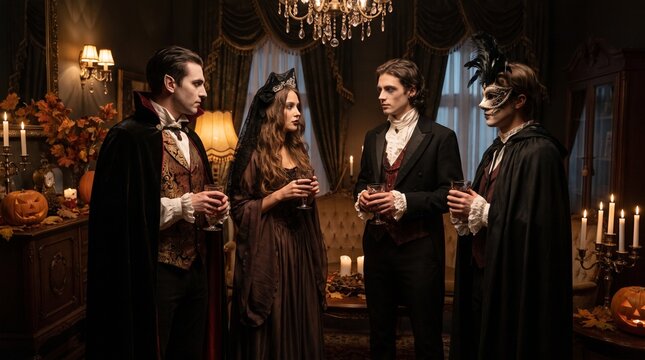 A group of elegant people in vintage vampire costumes gather for a mysterious halloween party inside an antique manor room filled with flickering candles and dim lighting during a dark night