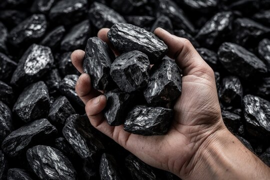 Human hand holds pieces of black thermal coal. Raw fossil fuel chunks piled up in background. Natural resource used for electricity generation, power supply. Industrial energy source for global