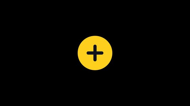 Long SEO Title: High Contrast Yellow Circular Button Flashing Blinking Black Plus Add Symbol Animation 6 Seconds Loop on Alpha Channel 4K