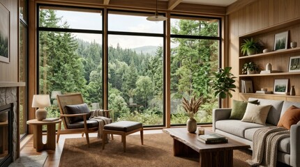 Fototapeta premium A cozy living room with a large window overlooking a forest, featuring wooden furniture, a fireplace, and a comfortable sofa.