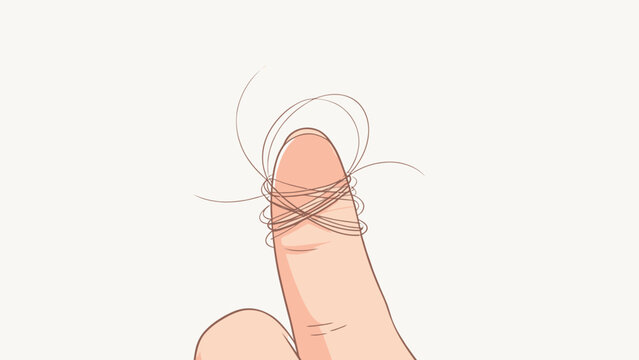 Minimalist line art illustration of a finger wrapped in tangled brown thread against a soft white background