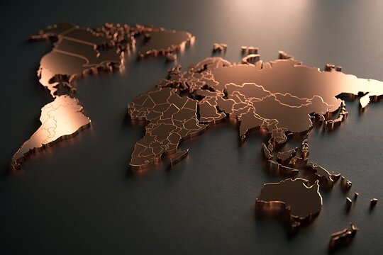 3d render of a metallic bronze world map on a dark surface, showing detailed continental outlines and borders in a modern, elegant style