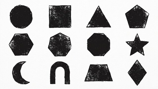 Collection of distressed black geometric shapes featuring a grunge ink stamp texture perfect as abstract design elements or graphic resources