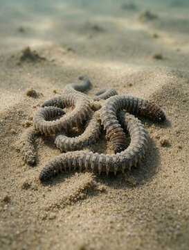 Arenicola marina lugworm lies on sandy ocean floor. Marine polychaete worm crawls through seabed sand. Small sea creature lives in underwater marine habitat. Natural saltwater environment shows