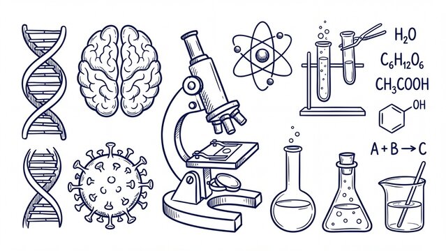 Diverse set of hand-drawn science and laboratory elements featuring DNA microscope and chemical formulas ideal for education and research designs