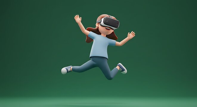Cartoon character embraces virtual reality in playful 3 d render on green screen