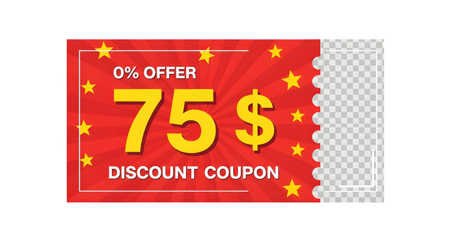 Red promotional discount coupon template featuring a seventy five dollar value design element on a transparent background for retail marketing sales