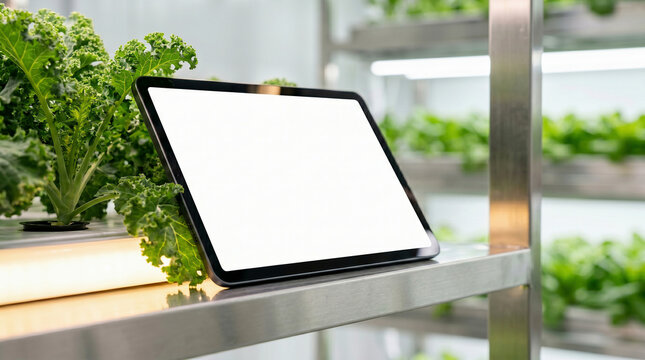 Digital tablet with empty display on vertical farm shelf among hydroponic plants, for agricultural innovation.