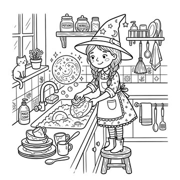 Charming hand-drawn style coloring book page, a cute witch girl washing dishes at a kitchen sink with a small magic bubble, detailed line art, strong black outlines, simple background elements, high c