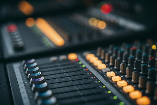 Professional audio mixing console with illuminated buttons and faders in a dark recording studio environment