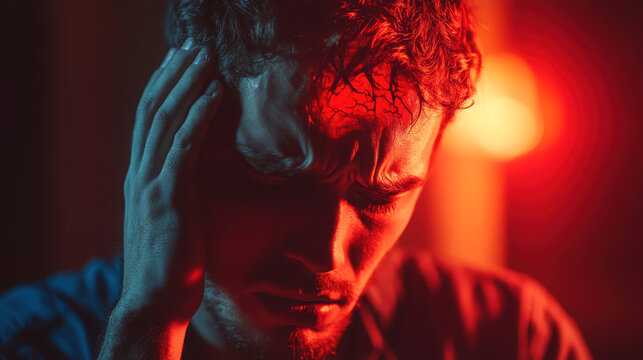 man is visibly distressed, holding his head, suggesting he is experiencing a headache or migraine