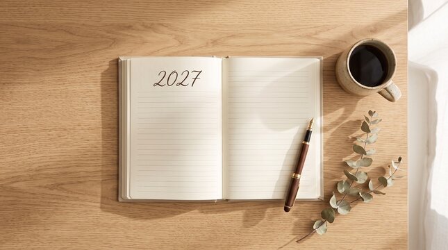 Open planner with 2027 handwritten on cream page beside blank page, new year goal setting flat lay with copy space
