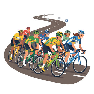 Professional cyclists racing in a peloton on a winding road during a competitive athletic event