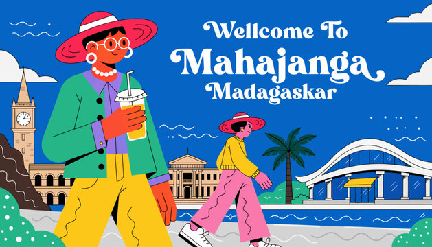 Vibrant illustration of Mahajanga, Madagascar with people walking and iconic landmarks, flat design.