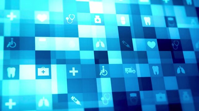 Glowing blue digital background with medical grid tiles and healthcare icons including hearts, lungs, and symbols for modern medicine and data