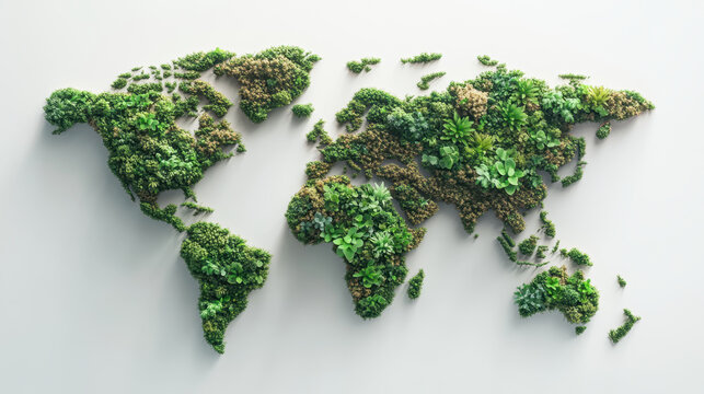 Globe A world map made of green plants and moss, highlighting the connection between nature and humanity