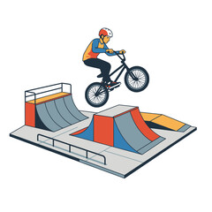 Fototapeta premium Man performing a stunt on a BMX bike over ramps at a skatepark for extreme sports training