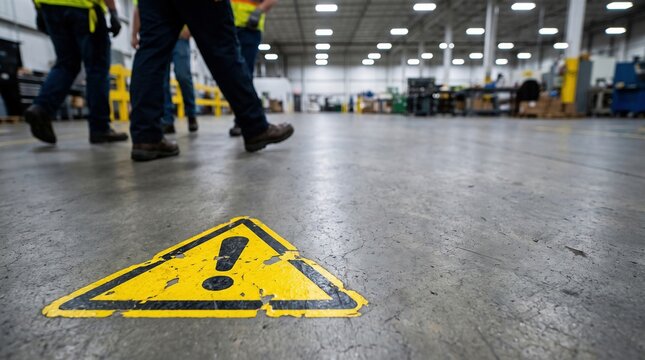 Warning sign on factory floor with workers walking, industrial safety and caution concept.