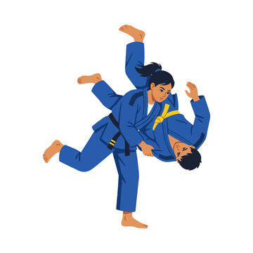 Female athlete performing a judo throw on male partner during martial arts training