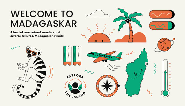 Welcome to Madagascar: Tropical Island Travel Icons, Lemur, Airplane, Map & Sun - Vibrant Vector Illustration