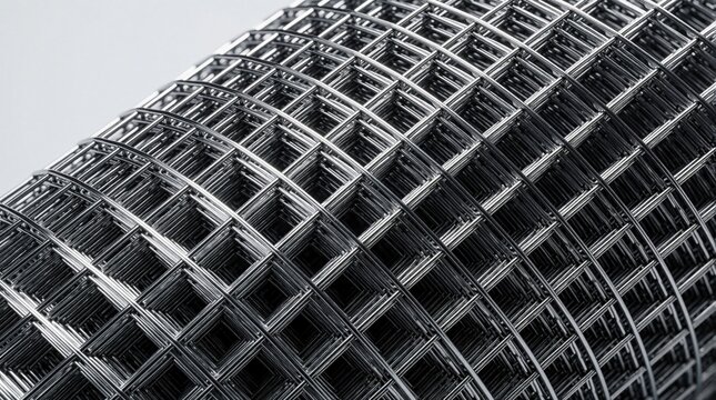 Close up view of rolled metallic square mesh sheet. Silver steel wire grid pattern creates industrial texture. Shiny metal net material with geometric holes for construction fencing. Strong iron