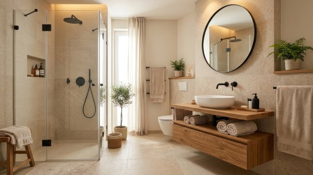 A modern, minimalist bathroom with a wooden vanity, a round mirror, and a glass shower door.