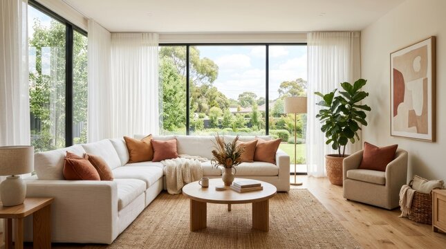 A modern, minimalist living room with a large window, white walls, and a white couch with orange and brown throw pillows.