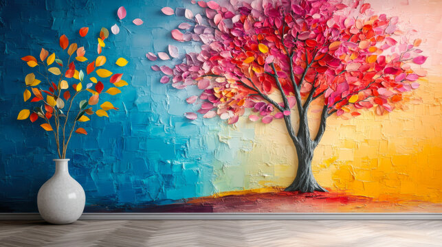 Elegant colorful tree with vibrant leaves hanging branches  background