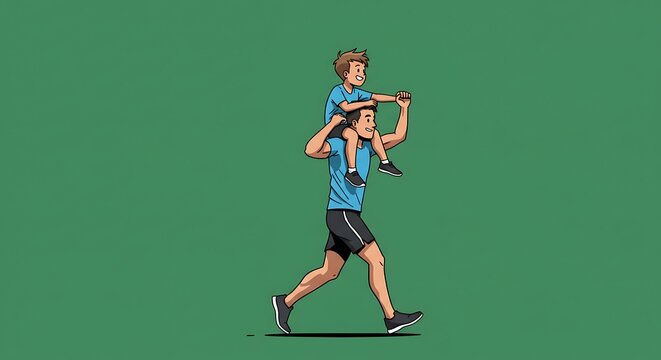 Father and son cartoon illustration walking together green background