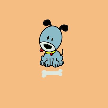 Cute blue cartoon dog sitting with a bone and yellow collar, hand-drawn illustration.