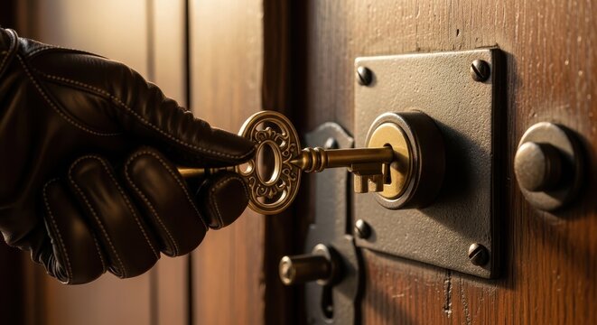Mysterious close-up of a hand wearing a black leather glove inserting an ornate vintage brass skeleton key into a rustic metal lock plate on a dark wooden door under warm dramatic lighting,