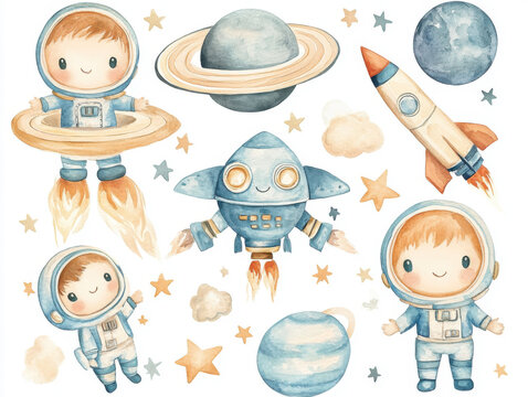 Space for children. Kids and cosmos exploration. Adventures, planets, stars