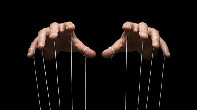 Conceptual photo of hands with strings, representing control and influence