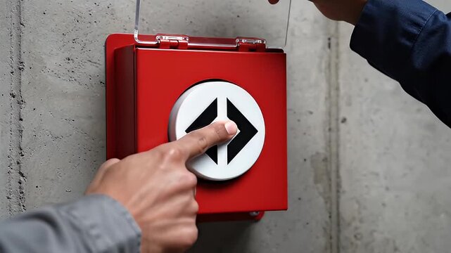Close-up of a hand opening a protective clear cover and pressing a large red alarm button