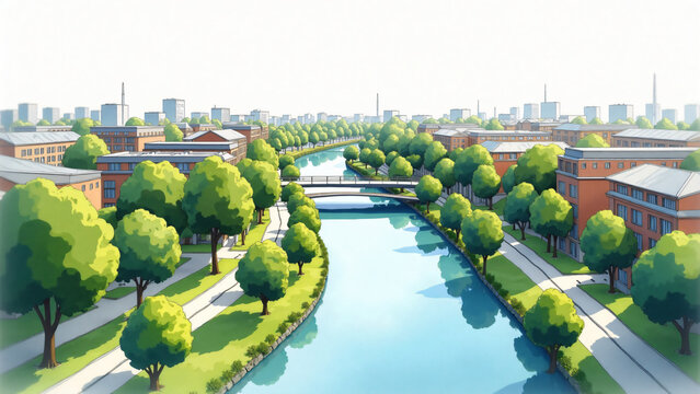 Urban Green Pathway Berlin Cityscape Watercolor