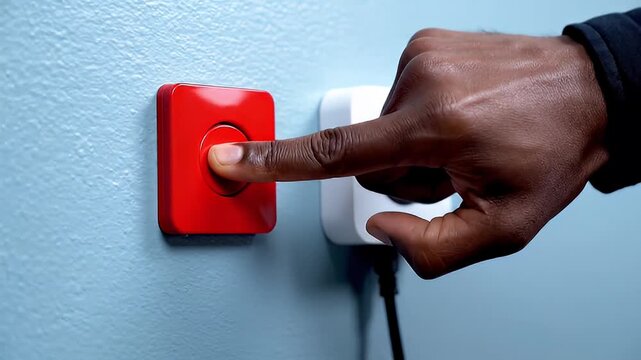 Close-up of a hand pressing a large red stop button mounted on a light blue textured wall next