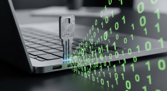 Sleek high-tech metallic security key with integrated circuit patterns, plugged into a modern laptop port with glowing blue energy and streaming green binary code zeros and ones floating in the air,