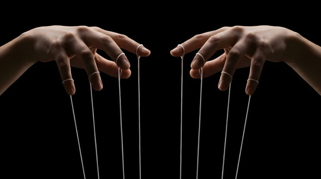 Puppet strings attached to human hands, conceptual metaphor for being controlled