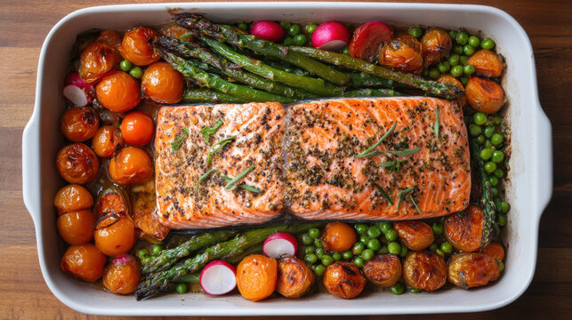 Salmon Trout Fish Steak in a vintage wooden plate with thyme and rosemary. Dark background. Top view.