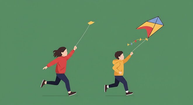 Children running with kites flat vector illustration concept